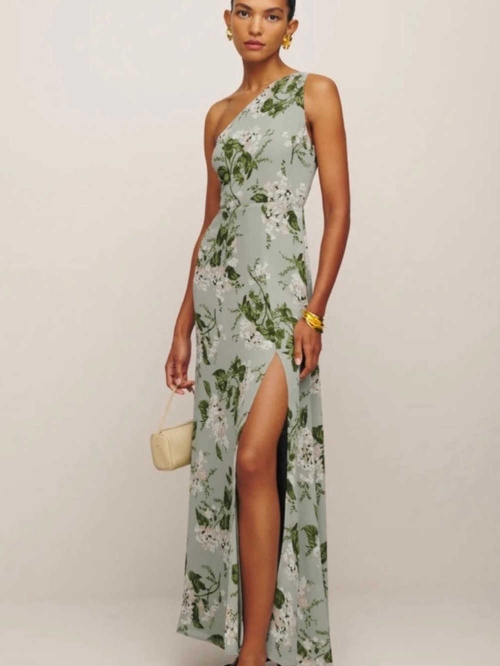 Reformation Evelyn One-Shoulder - Tea (Sage Green Floral) Dress